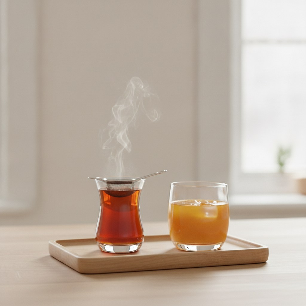 Demlenmiş çay ve portakal suyu bardaklarda